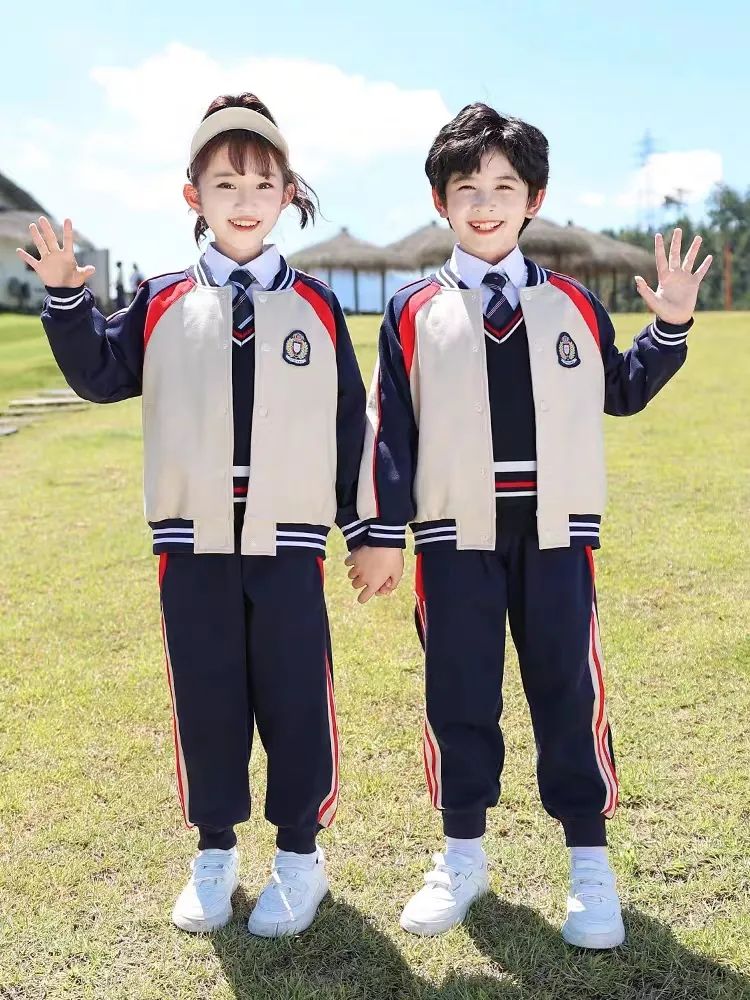 小學(xué)運動校服春秋款米白深藍(lán)配色