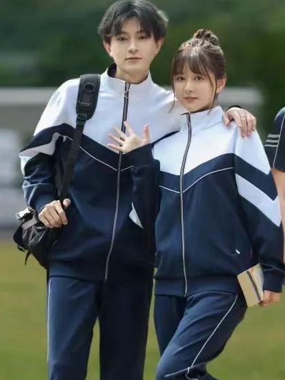 中學(xué)運動校服春秋款白深藍(lán)配色