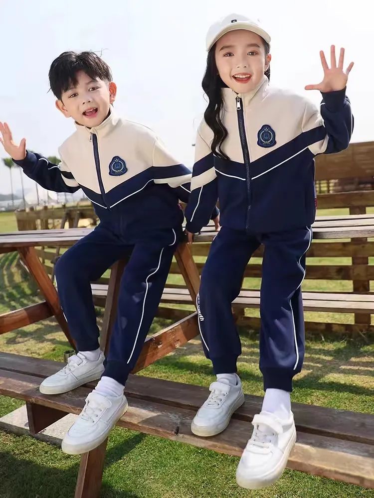 小學(xué)運動校服春秋款米白深藍(lán)配色