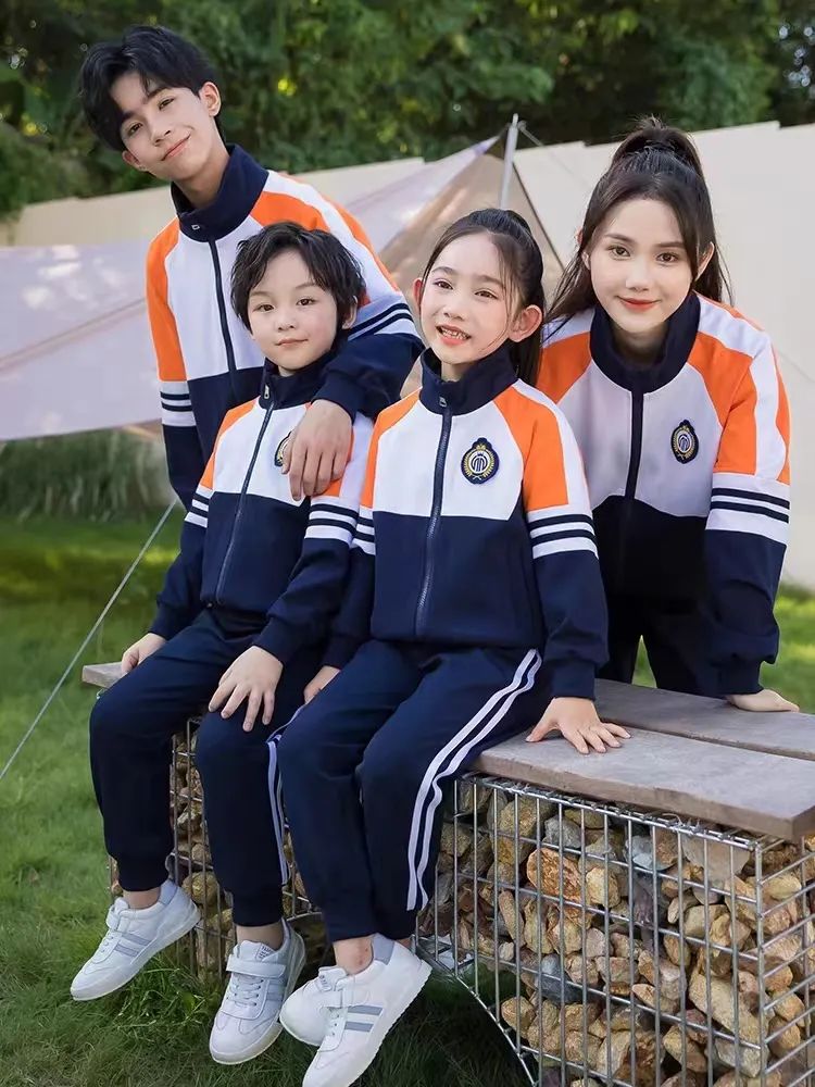 中小學(xué)運動校服春秋款白深藍(lán)橙配色
